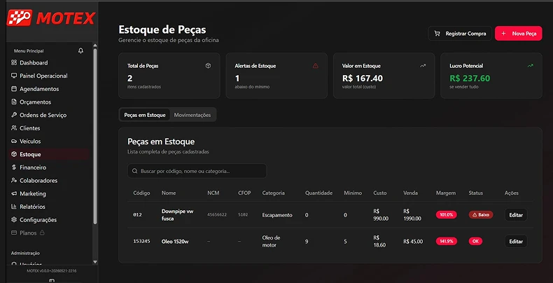 Controle de estoque de peças no Motex