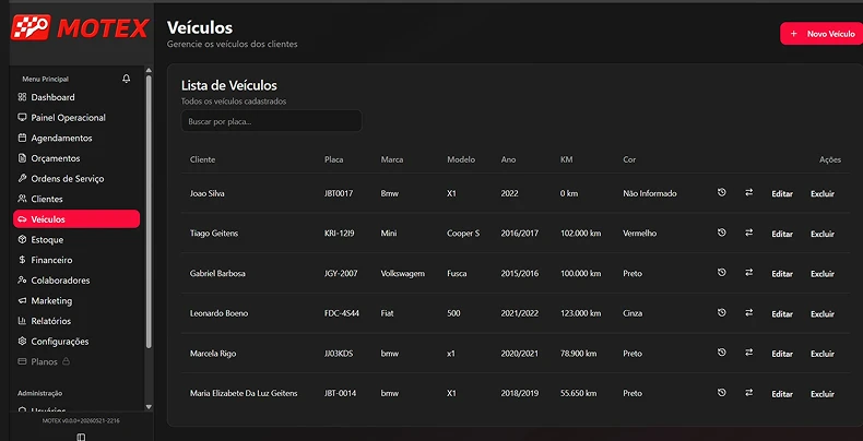 Cadastro de clientes e veículos no Motex